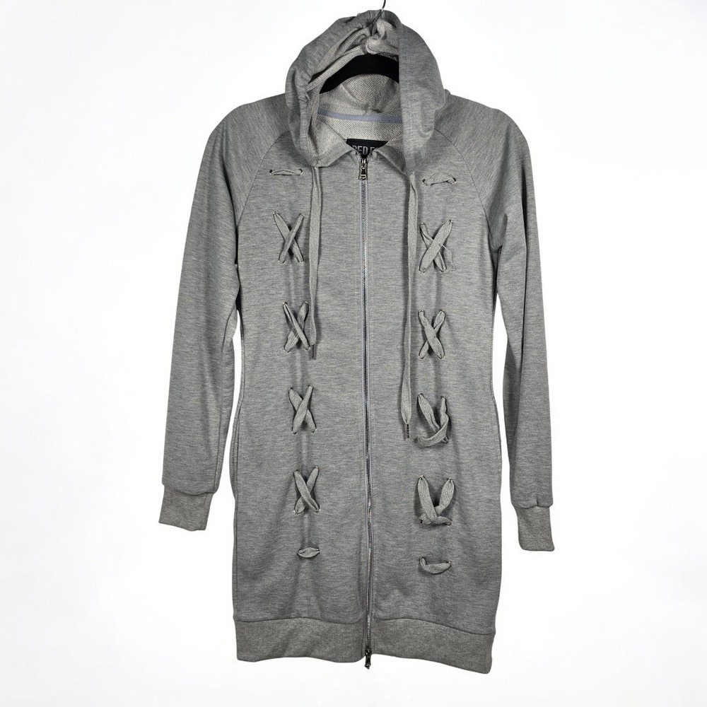 Red Fox Gray Lace Up Hoodie Dress‎ Size S Long Sleeve Full Zip Hooded Sweatshirt